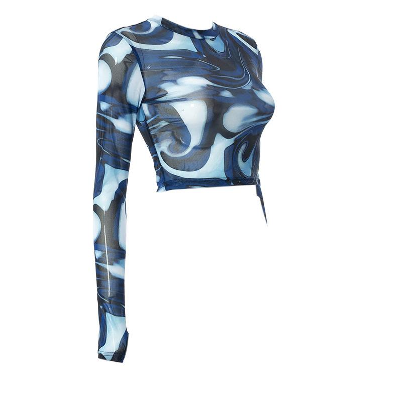 Модные женские укороченные топы с сетчатым принтом, круглым вырезом, длинными рукавами, пуловеры, сексуальная уличная одежда y2k Harajuku Tops