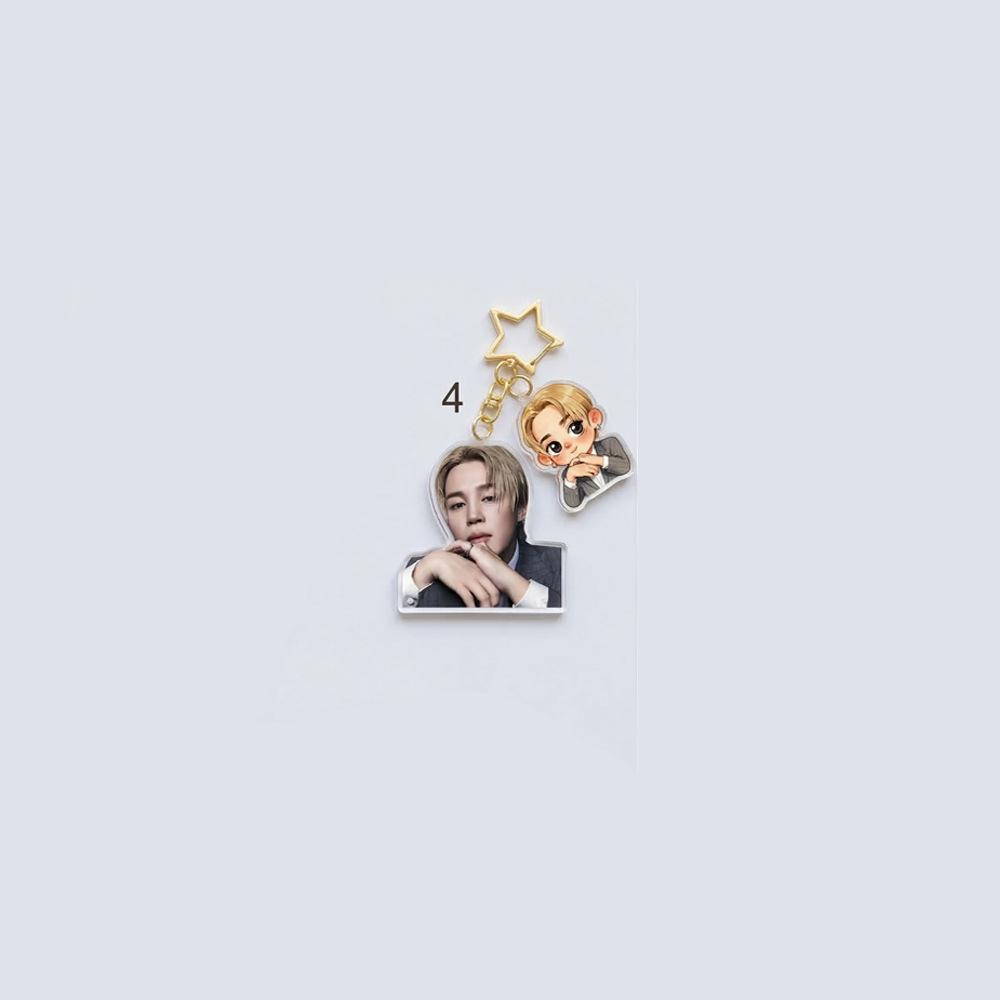 BTS Брелок с двойным шармом, Фотография Bangtan Boys и Фигурка в мультяшном костюме, Брелок со звездочкой, Подвеска на сумку для K-pop айдолов, для фанатов ARMY