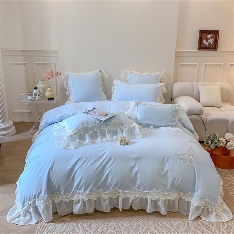 Spring Floral Butterfly Lace Duvet Cover Set - 4 Piece