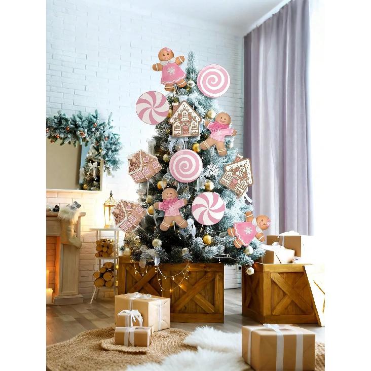 6Pcs Large Pink Candy Gingerbread Christmas Tree Ornaments with Sticks Cute Items Perfect for Christmas Decorations 7