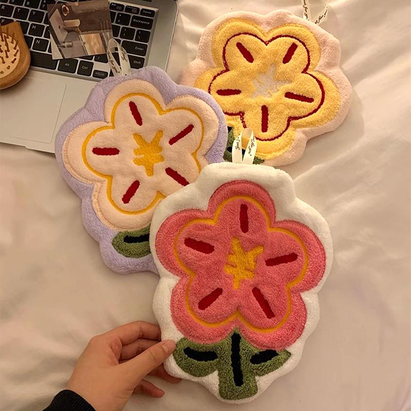 Flower Shape Hand Towel Super Absorbent Cleaning Cloth Bathroom Kitchen Hanging Hand Wipe Thicken Handkerchief Dishcloth