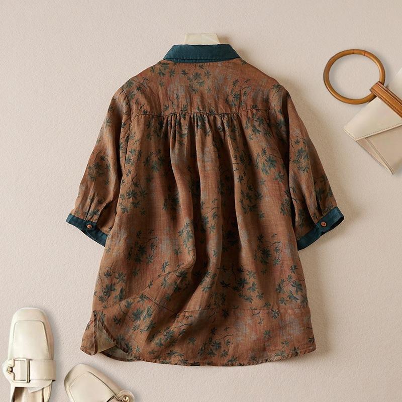 Summer Oversized Flesh Blocking Western Style Printed Collar with Five Quarter Sleeves Women's Cotton Linen Shirt Blouses & Shirts