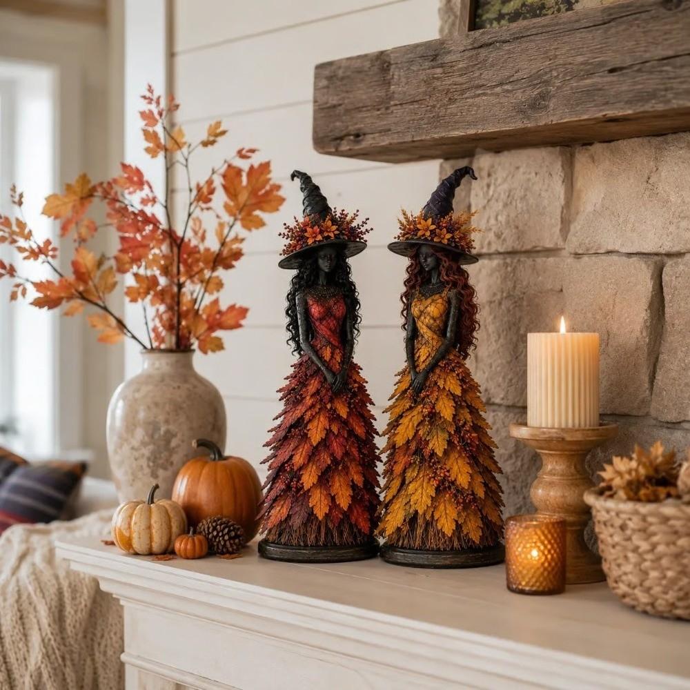 Leaf Gown Halloween Witch Statue Vintage Leaf Witch Resin Ornament Halloween Harvest