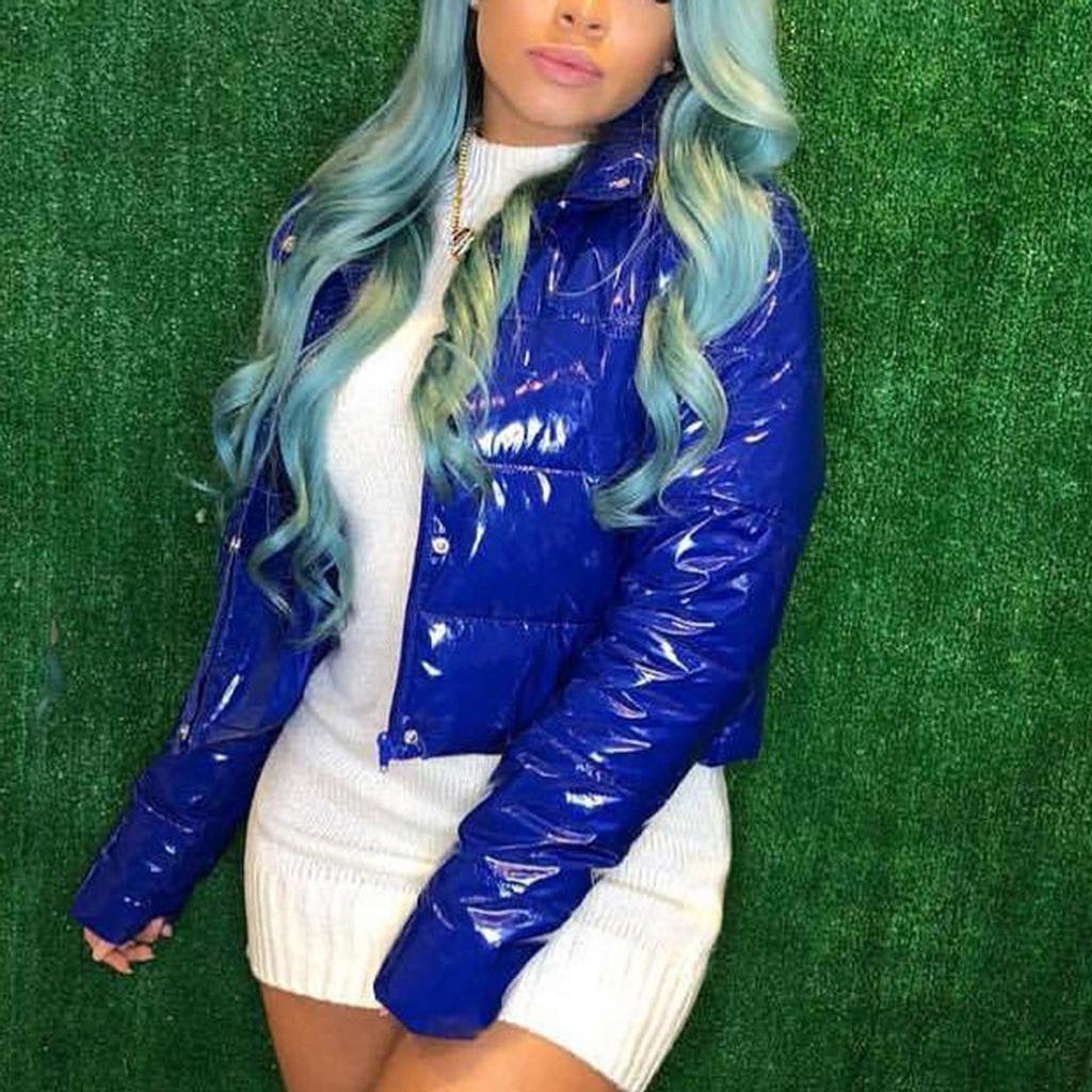 Women Fashion Long Sleeve Glossy Leather Bread Down Jacket Zipper Pockets Coat