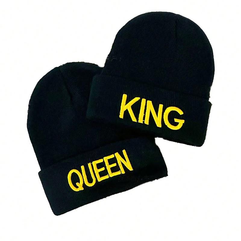 2 шт. Черная унисекс вязаная шапка с вышивкой 'queen' и 'king', защита ушей, зимняя уличная