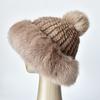 Genuine Mink Fur Beanie Hat Winter Womens Fox Brim Hats Thick Warm Fox Fur Caps With Pompom Fashion Fur Knit Beanies