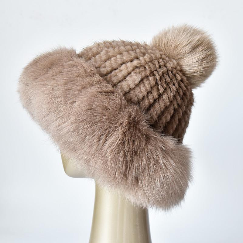 Genuine Mink Fur Beanie Hat Winter Womens Fox Brim Hats Thick Warm Fox Fur Caps With Pompom Fashion Fur Knit Beanies