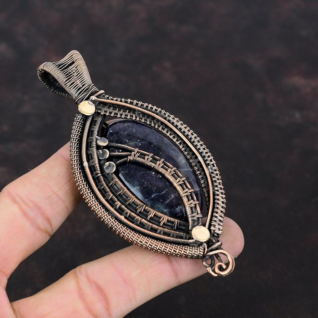 Подвеска из солнечного камня иолита, медная проволочная обертка, подвеска из настоящего драгоценного камня, антикварная медная бижутерия, подвеска ручной работы, проволочная обертка, ювелирные изделия для подарка