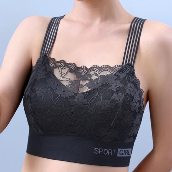 Women Elegant Bandeau Back Underwire Bra Anti Sagging Padded Wide Shoulder Straps Floral Lace Stitching Push Up Sport Breathable Brassiere Inner Wear