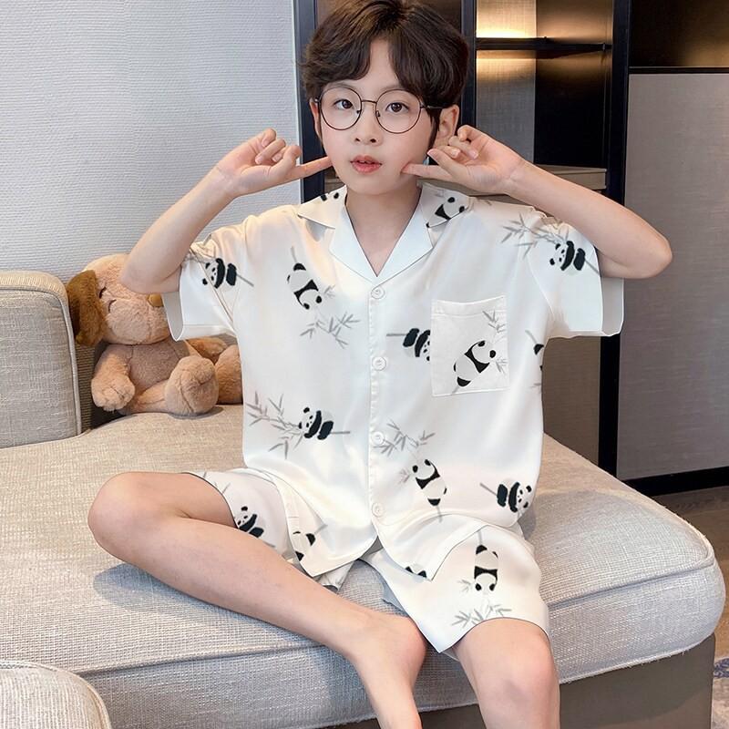 Boys Ice Silk Pajama Set Short Sleeve Sleepwear Kids Teens 8 Years Lightweight Breathable Home Wear