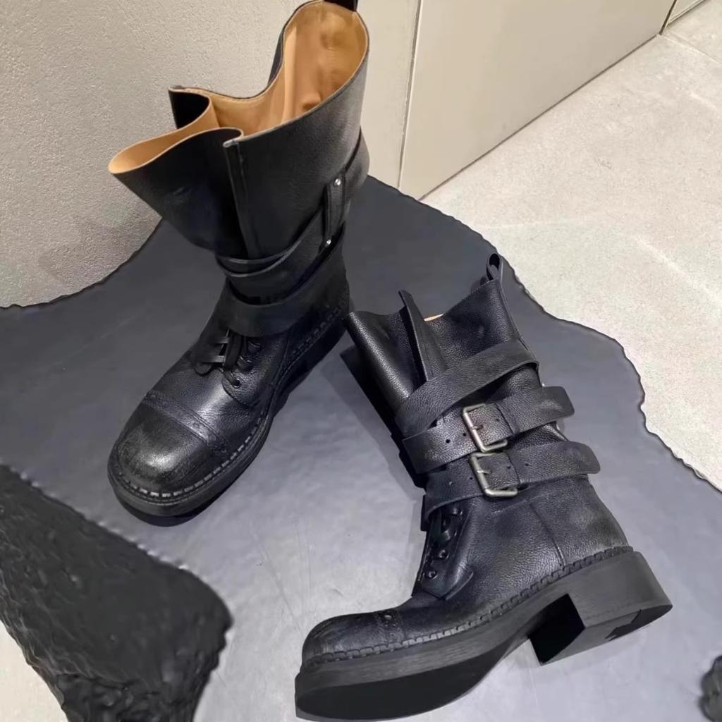 Кожаные ботинки Мартин на толстой подошве и толстом каблуке, женские, новые 2025, средней высоты, с пряжкой-ремнем, ботинки-локомотивы, одинарные ботинки