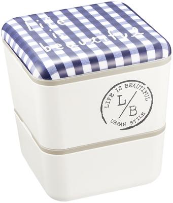 Ланч-бокс Showa Bento Box Square Nest в клетку Gingham, темно-синий, 2 яруса, нижний ярус 240 мл, верхний ярус 360 мл, компактный, для хранения, сделано в Японии, 77072 L/B