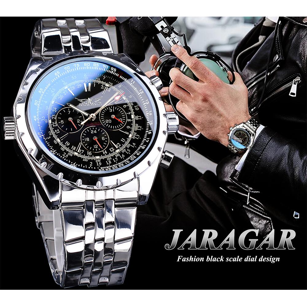 Jaragar Blue Glass Design Черные Серебряные автоматические часы из нержавеющей стали Часы с датой Светящиеся мужские деловые механические наручные часы