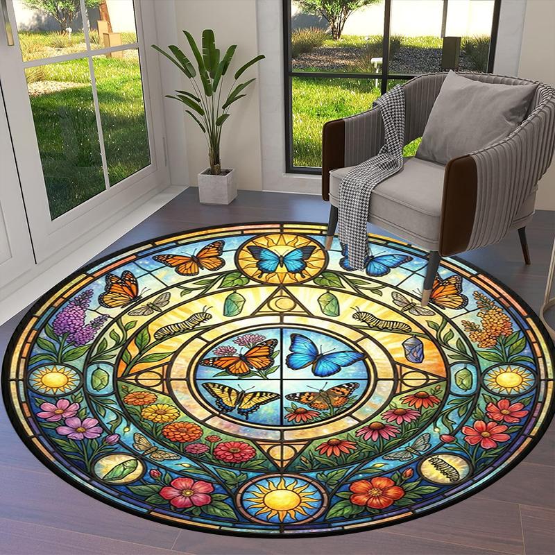 Retro Butterfly Round Area Rug,Carpet Rug for Living Room Bedroom Sofa Playroom Decor,Non-slip Floor Mat113