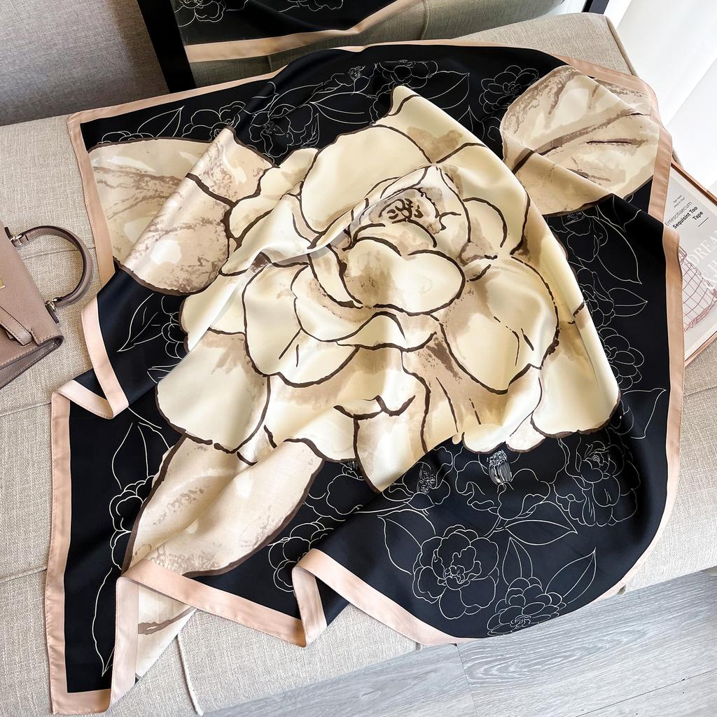 New Luxury Silk Shawl Camellia Scarf for Women Satin Hijab Fashion Wraps Neckerchief Female Hair Bands Ribbon Scarves Bandana