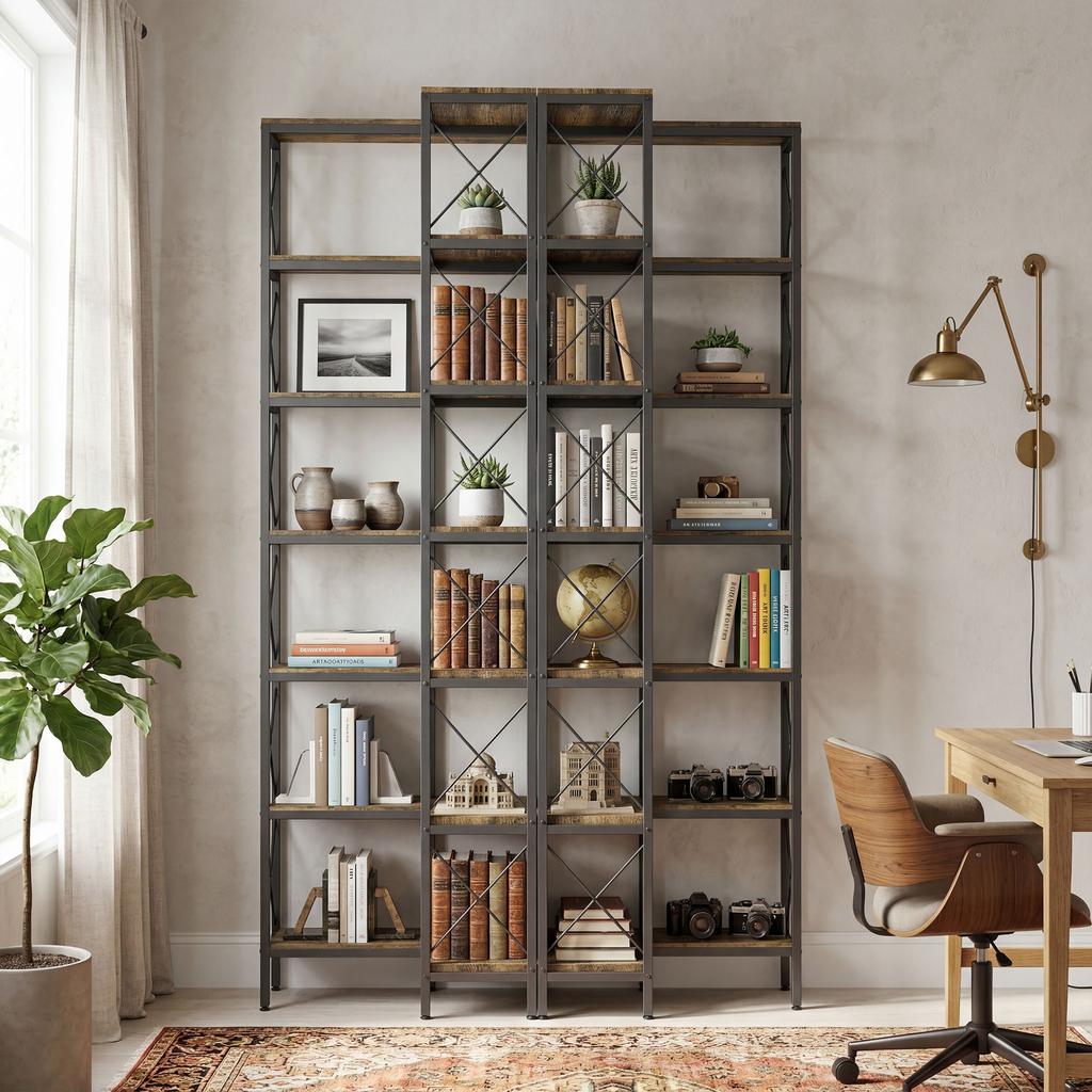 6-Tier L-Shaped Bookshelf, Freestanding Corner Bookcase with Metal Frame, Rustic Brown