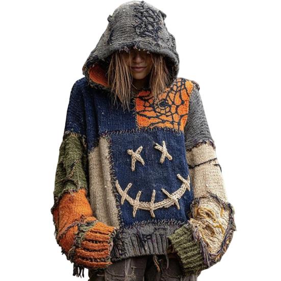 Свитер из имитации кашемира с капюшоном, с длинным рукавом, с узором кота-призрака на Хэллоуин, свитер с ретро-принтом, свободного кроя, с потертостями, вязаный худи