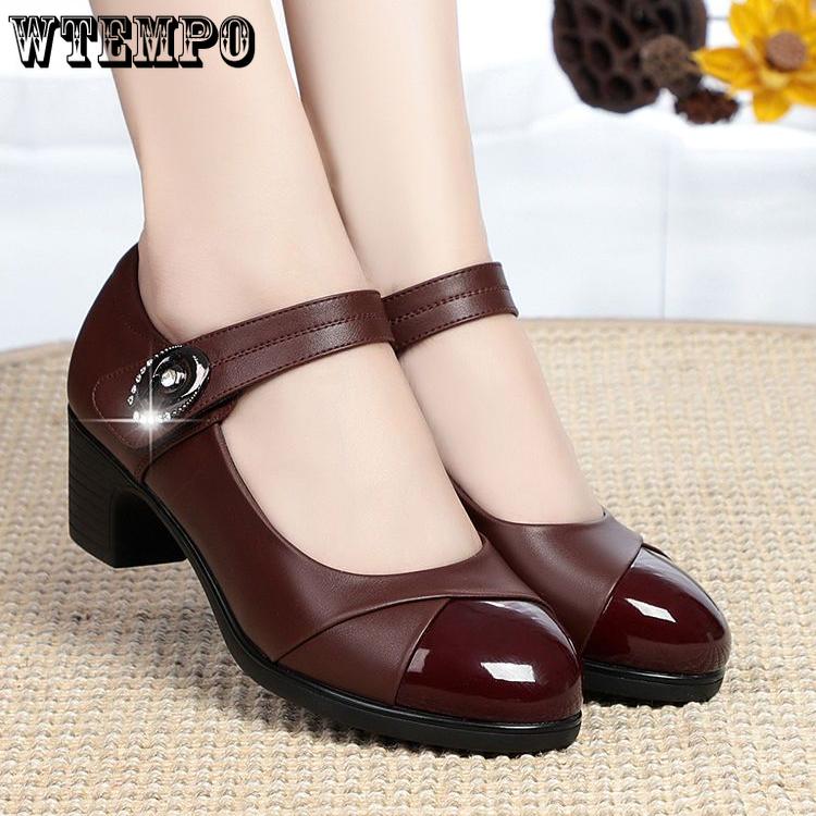 Single Shoe Women's Spring and Autumn Anti Slip Velcro Leather Shoes Dancing Shoes Thick Heeled Work Shoes