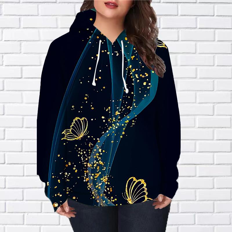 Женская мода Фиолетовый сверкающий принт бабочки свободные толстовки топы блузка свитшот повседневный длинный рукав пуловер топы