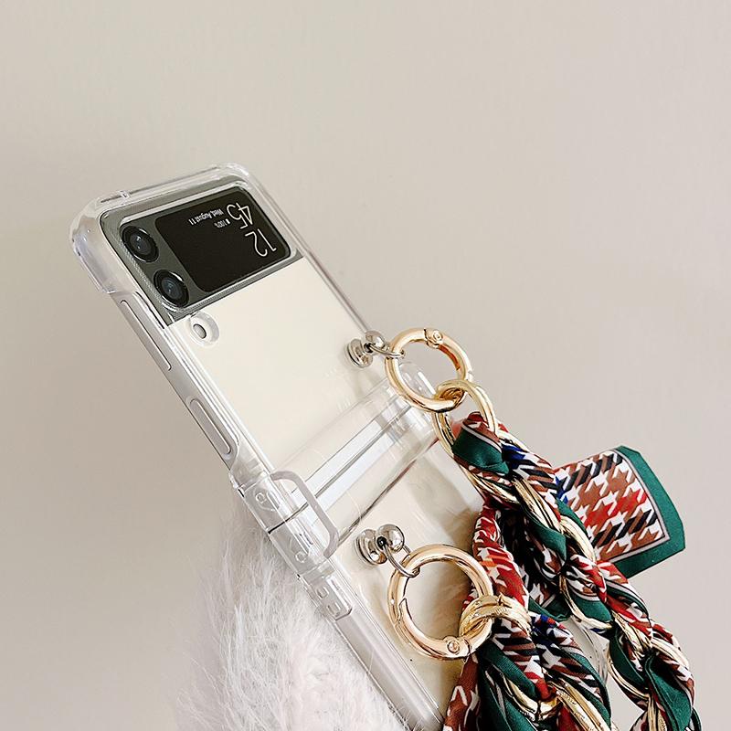Woman Portable Chain Of Silk Scarves Phone Case For Samsung Galaxy Z Flip 4 3 5g Hinge Full Protection Clear Hard Pc Cover