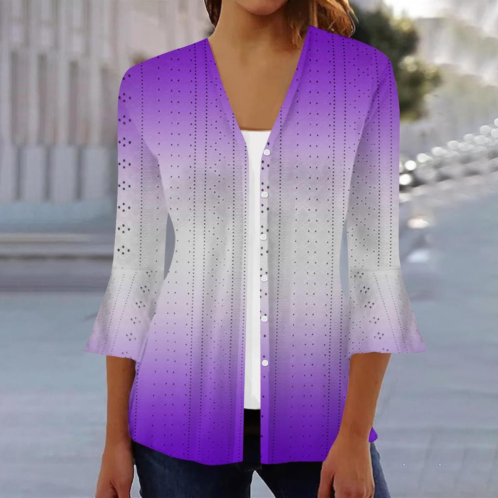 Женская мода свободный повседневный принт с рукавом три четверти рубашка на пуговицах кардиган топ
