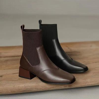 Ботильоны с острым носком, зимние женские, новые повседневные ботинки челси, женские, средний каблук, вязаные носки, женские, искусственная замша, каблуки