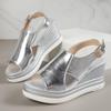 Модные серебристые сандалии на танкетке, кожаная летняя обувь на высоком каблуке, сандалии на платформе с пряжкой, женские сандалии на толстой подошве для улицы, с открытым носком, 2025