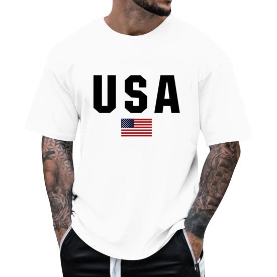 Men T-shirt Round Neck Short Sleeve Slim Fit Tee Shirt USA Pattern Versatile Tee Tops Running Fitness Tops Daily Wear