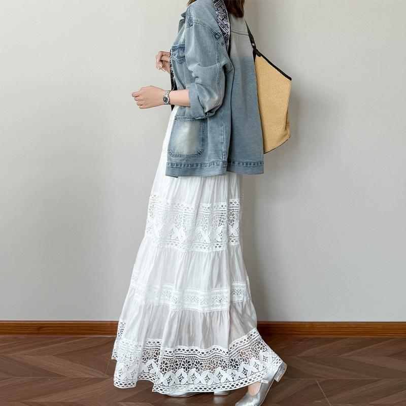 Dimanaf 2025 Летние женские новые юбки кружевные цветочные винтажные эластичные плиссированные элегантные белые юбки кружевные с высокой талией