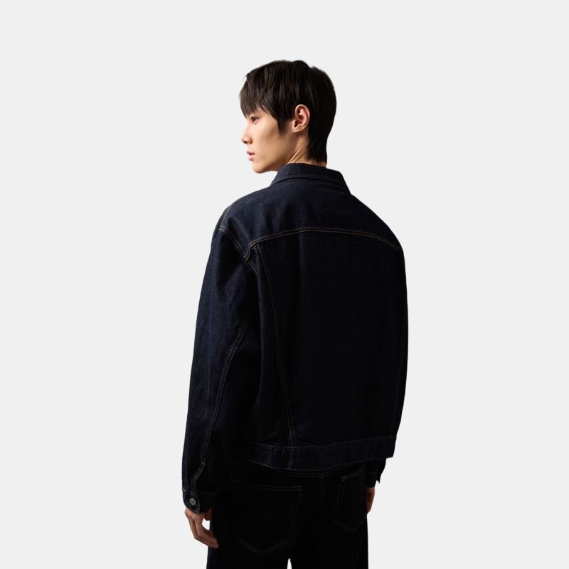 Calvin Klein Американская классическая винтажная джинсовая куртка свободного кроя с заклепками на пуговицах, мужские куртки темно-синего цвета J326391