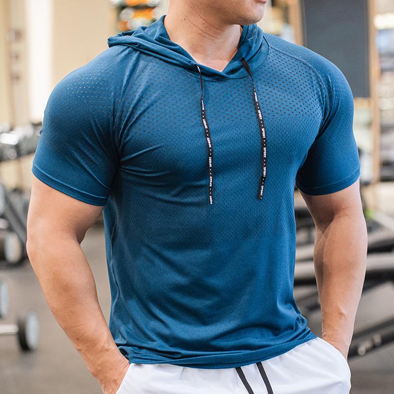 Мужские толстовки для бега, бодибилдинга, спорта, с капюшоном, с коротким рукавом, для занятий фитнесом, одежда для фитнеса, футболка для мышц, быстросохнущая тренировочная футболка