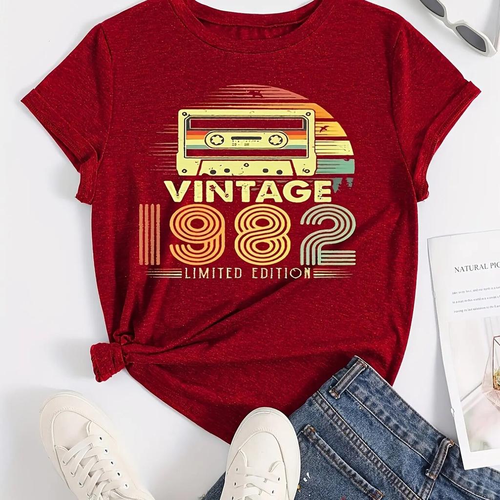Vintage 1982 Letter Print Unisex T-shirt Casual Crew Neck Short Sleeve T-shirt WoUnisex Clothing Female TopsTees
