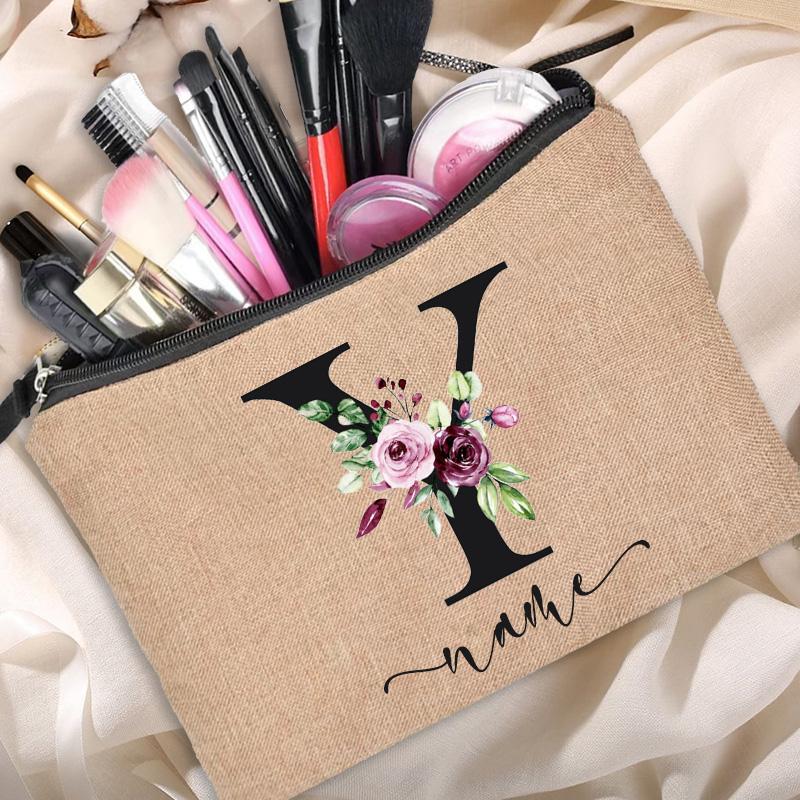 Linen Makeup Bag Customized Personalized Name Cosmetic Bag Bridesmaid Clutch Outdoor Travel Beauty  Bachelor Party Lipstick Bag