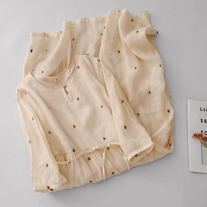 Heavy Industry Embroidery Coffee Break Cotton and Linen Dress Women's Retro Casual Lace-up Waist Round Neck Seven-quarter Sleeve Long Skirt