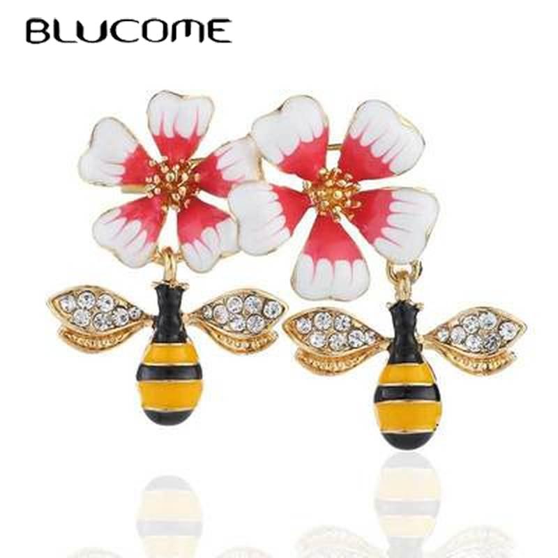 Blucome Latest Delicate Bee Flower Shape Enamel Brooches Jewelry For Women Kids Hat Suit Coat Costume Accessories Crystal Pins