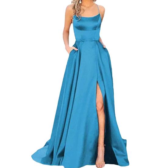 Женское вечернее платье с бретелькой на шее и открытыми плечами, атласное с высоким разрезом, без рукавов, с открытой спиной, длиной до пола, с перекрестными задними карманами, бальное платье для выпускного, свадьбы, вечеринки, невесты