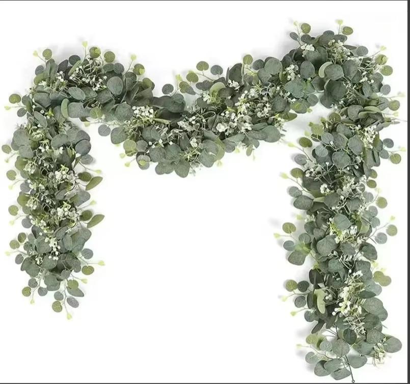 Искусственные листья эвкалипта, зелень, гирлянда, искусственное растение, весенние лианы с белыми цветами и ягодами для свадебного, домашнего, праздничного декора