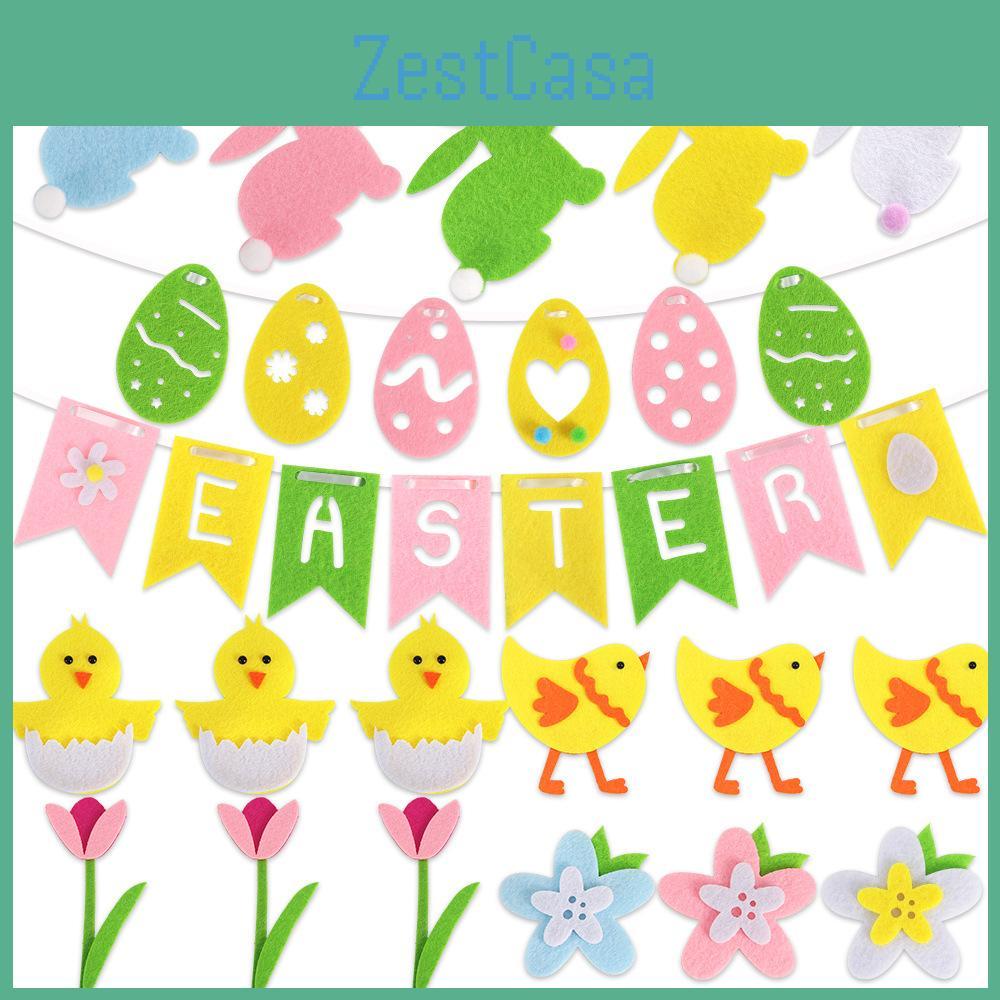 Праздничный фетровый баннер с пасхальным кроликом, украшенный разноцветными яйцами и цыплятами для празднований