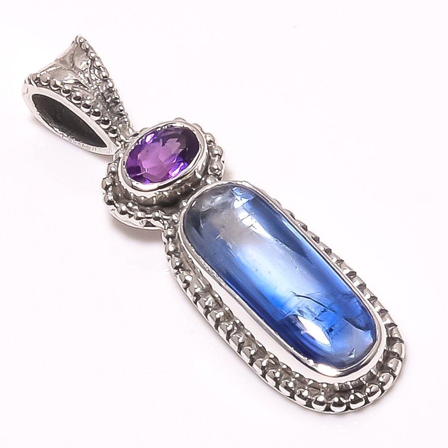 Подвеска из чистого серебра 925 пробы с натуральным кианитом и аметистом 1,26 дюйма N0I03