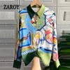ZAROY Vintage Print Women Imitation Satin Shirts Autumn Long Sleeve
