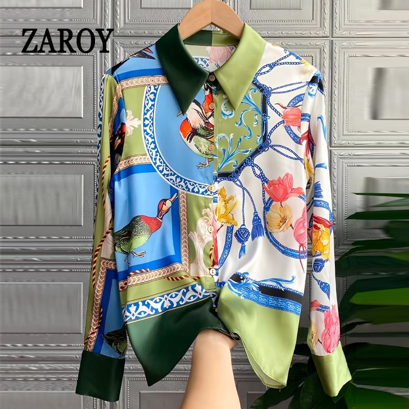 ZAROY Vintage Print Women Imitation Satin Shirts Autumn Long Sleeve
