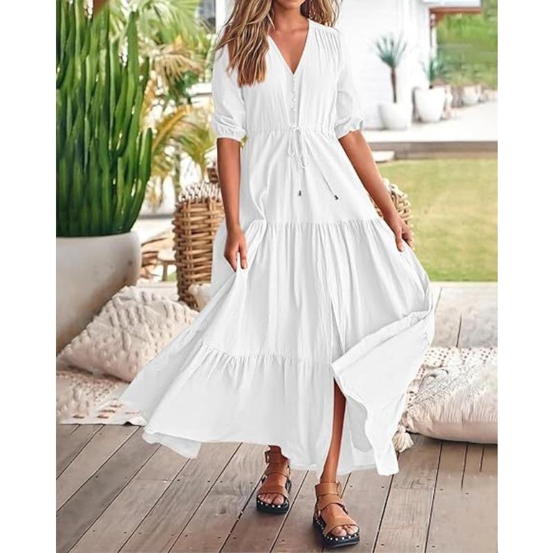 YYFS Women's Fashion Summer Spring Solid Color Print Short Sleeve V-Neck High Waist Casual Dresses