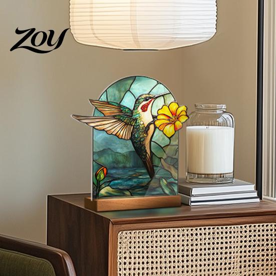 Floral Acrylic Display Stained Glass Style Table Centerpieces, & Landscape Pattern Modern Entryway Decor Tabletop Sign with Wood Base for Home Office