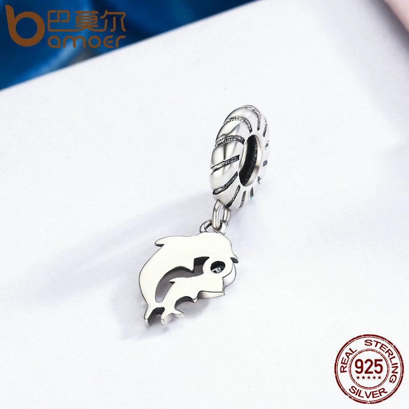 BAMOER Authentic 100% 925 Sterling Silver Dolphins Story with Clear CZ Charms Fit Bracelet
