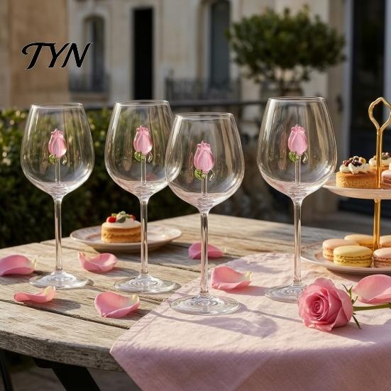 Artistic Stemware for Dinner Red Wine Glass with Roses And Green Leaves Decorated, Clear Romantic Anniversary Gift Decorative Glass,