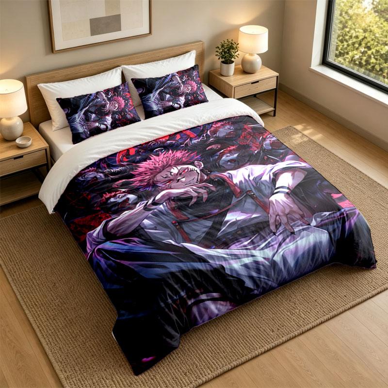 3Pcs Bedding SetRyomen Sukuna Soft Bed Sheet and Two Pillowcases Home Bedroom Decor