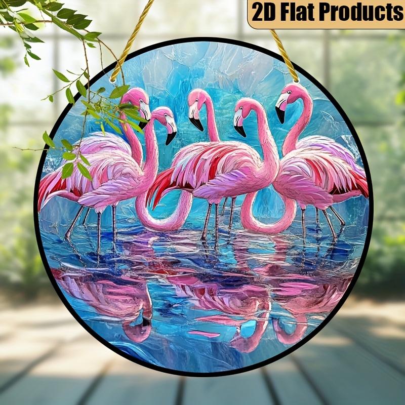 2D Flat Single-Piece, Flamingo Sun Catcher, Sculptural Wall Decoration, Acrylic Round Sign, Home And Holiday Decorative Ornament, (15.24X 15.24cm), Su