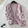 Vintage Print V Neck Loose Knitwear Cardigan Long Sleeve Sweater Top for Autumn Winter