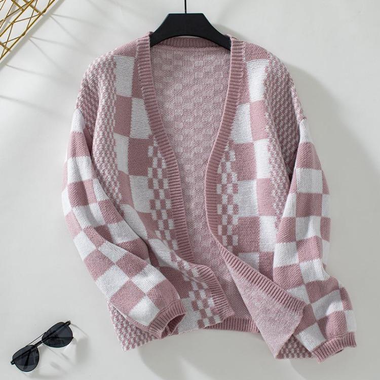 Vintage Print V Neck Loose Knitwear Cardigan Long Sleeve Sweater Top for Autumn Winter