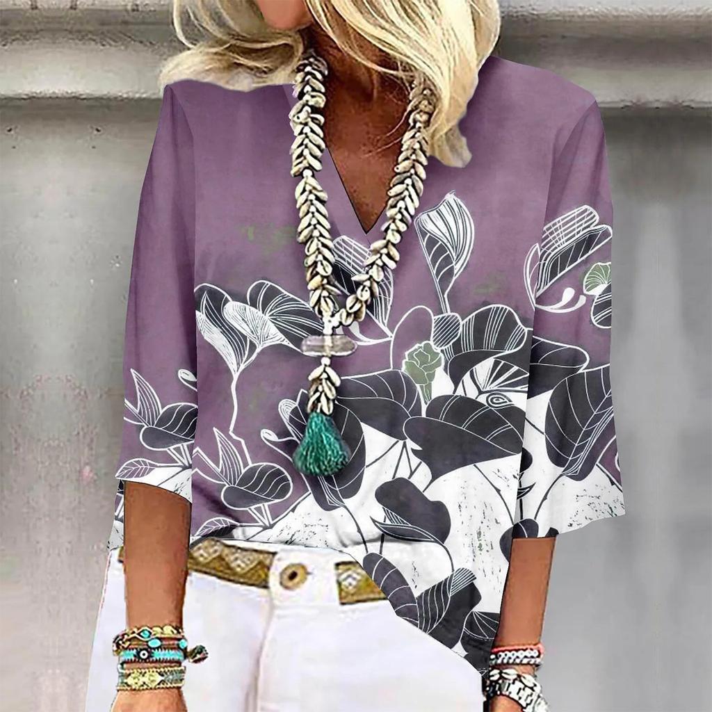 Women's Shirt Blouse Casual Loose Shirts 3/4 Sleeve Print V Neck Tops Print Tops T-shirts Tee